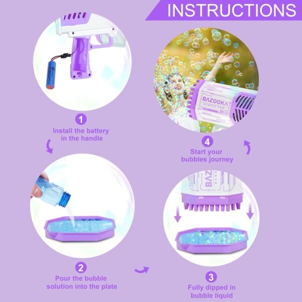 Bubble Gun, Bazooka Bubble Machine Gun, Bubble Blaster Gun with Bubble Solution, 69 Holes Bubble Bazooka Gun Outdoor Summer Toy Gifts Party Favors for Kids Purple Bubble Maker Blowers - Image 5