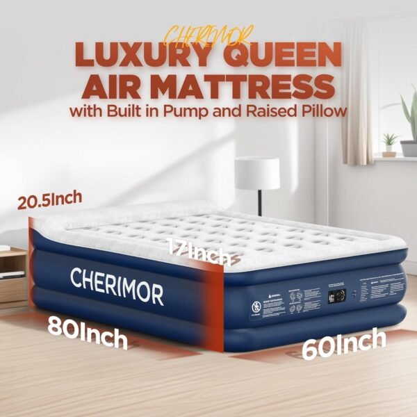 Air Mattress Queen with Built in Pump, 20.5" High Inflatable Mattress with Integrated Pillow, Portable Self Inflating Blow Up Mattress with Flocked Top, Air Bed for Guests, Home & Camping - Image 6