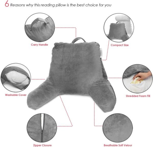 Nestl Reading Pillow Standard Bed Pillow, Back Pillow for Sitting in Bed Shredded Memory Foam Chair Pillow, Reading & Bed Rest Pillows Grey Back Pillow for Bed, Bed Chair Arm Pillow with Pockets - Image 9
