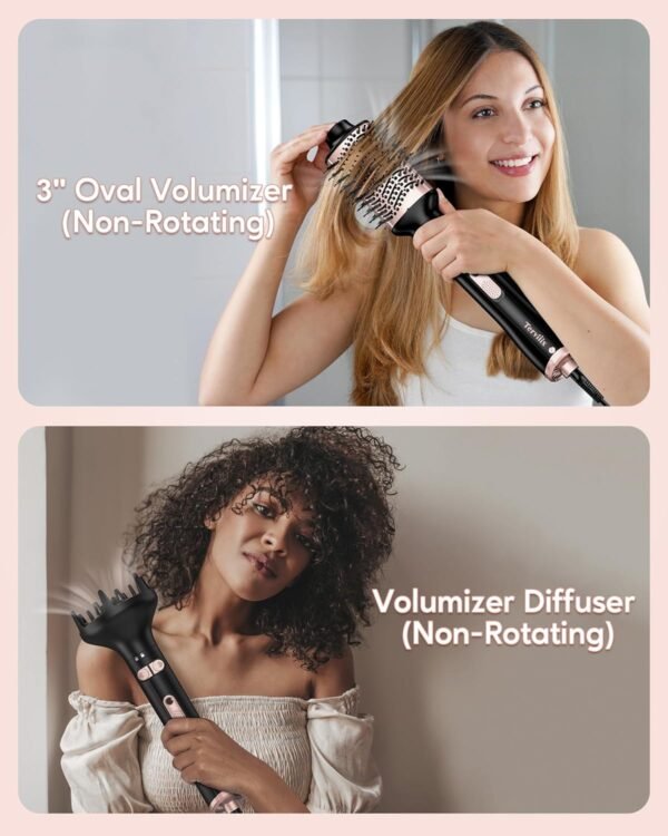 Terviiix 4-in-1 Hot Air Rotating Blow Dryer Brush Kit – 1000W with Rotatable Round Brushes (2 Sizes), Oval Volumizer, and Diffuser – Ideal for Curly Hair, with Arthritis-Friendly Big Buttons, Black - Image 4