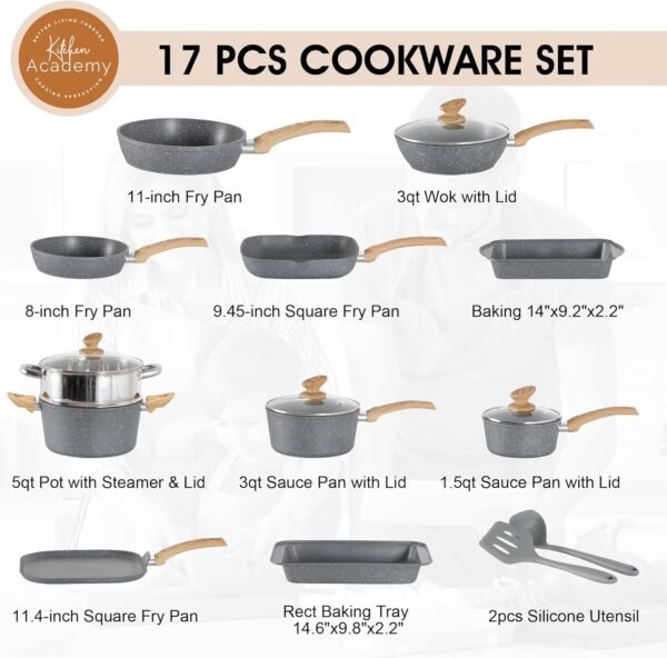 Kitchen Academy Granite Nonstick Cookware Set - 17 Piece Gray Cooking Pans Set, Induction Pots and Pans Set Non Stick, PFOA & PFOS Free. - Image 6