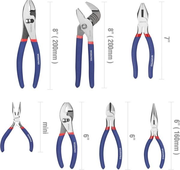 7-piece WORKPRO Pliers Set with Groove Joint, Long Nose, Slip Joint, Linesman, and Diagonal Pliers for DIY & Home Use - Image 3