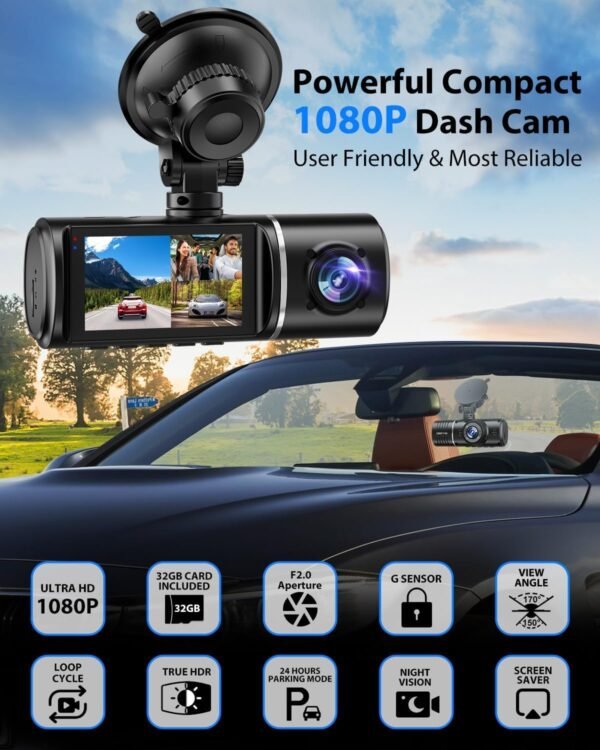 Dash Cam, 3 Channel Dash Cam, 1080P Dash Cam Front and Inside, Triple Dash Cam, Dash Camera with 32GB Card, HDR, G-Sensor, 24Hr Parking, Front Rear Dash Cam Loop Recording - Image 3