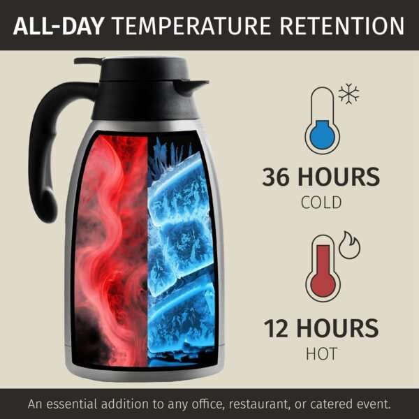 Thermal Coffee Carafe 68oz / 2L - 12 Hours Hot Beverage Dispenser, Insulated Stainless Steel Carafe for Hot Liquids, Coffee Carafes For Keeping Hot Coffee Dispenser for Parties -Large Tea Carafe Flask - Image 7