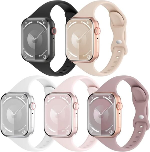 5 Pack Silicone Slim Bands Compatible with Apple Watch Band 38mm 42mm 40mm 44mm 41mm 45mm 46mm 49mm, Soft Narrow Sport Strap Thin Wristband for iWatch Series 10/9/8/7/SE/6/5/4/3/2/1/Ultra Women Men
