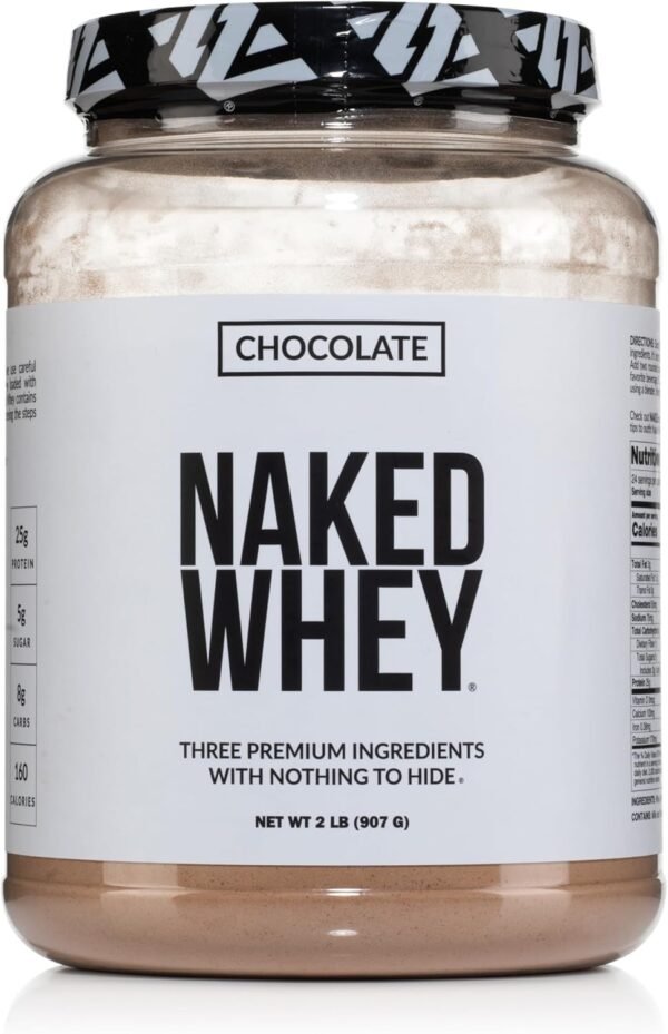 Naked Whey Chocolate Protein Powder - Only 3 Ingredients - Grass Fed Whey Protein Powder, Organic Chocolate and Organic Coconut Sugar, No GMO, No Soy, and Gluten Free - 24 Servings