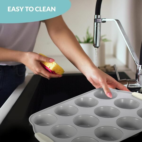 Boxiki Kitchen 12 Cups Ceramic Coated Muffin Pan for Baking - Durable Steel Frame Cupcake Pan w/Nonstick Surface - Professional Muffin Tray with Silicone Handles - Image 6