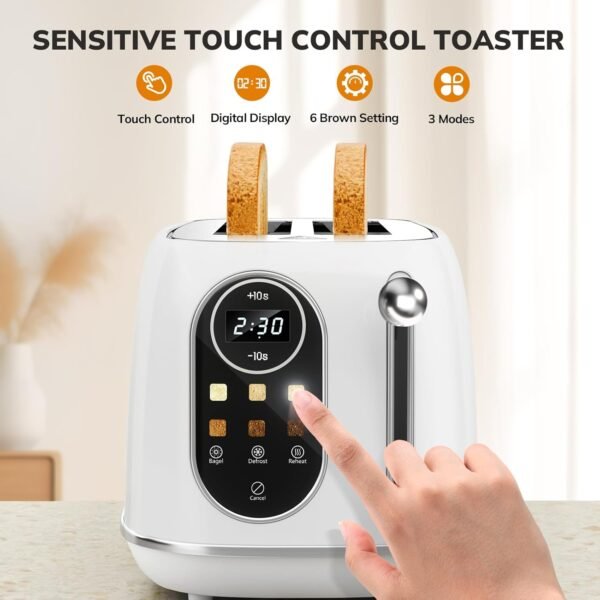 Keenstone Smart Touch Screen Toaster 2 Slice, Retro Wide Slot Stainless Steel Toaster with 6 Browning Levels, Reheat & Defrost, for Bagel, Toast, Bread, Removable Crumb Tray, White - Image 6