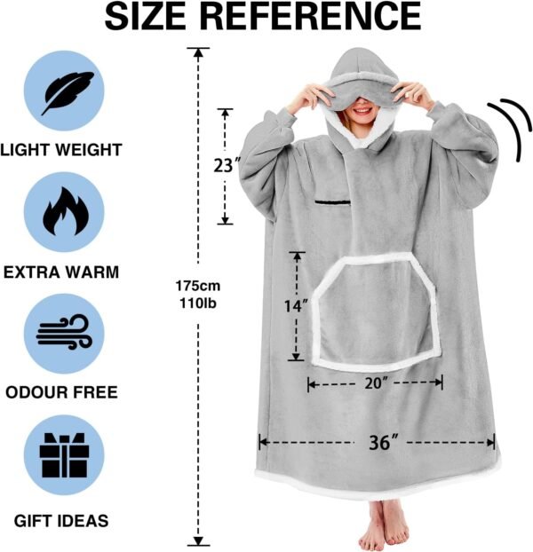 Wearable Blanket Hoodie Oversized Sherpa Fleece Hooded Sweatshirt Blanket with Eye Mask Cozy and Giant Blanket Hoodie with Sleeves Extra Long for Adults Men Women, Grey - Image 2