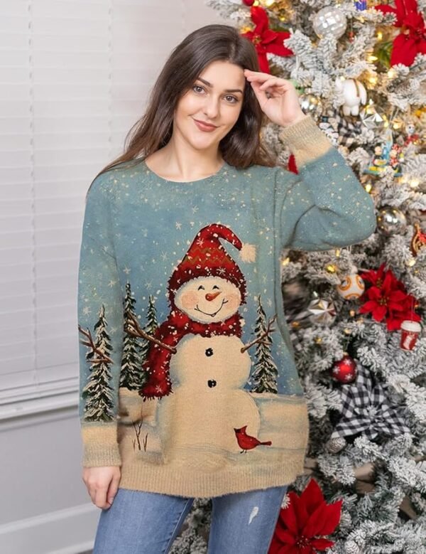 YESNO Women Christmas Sweater Graphic Printed Oversized Pullover Sweaters Casual Loose Knit Tops S01 - Image 3