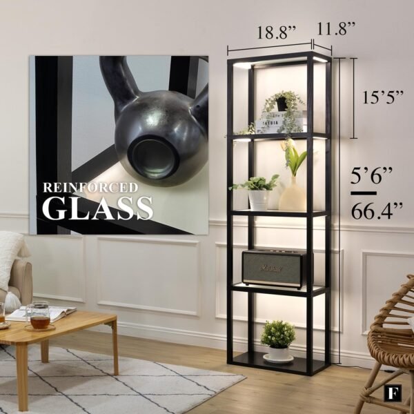 FENLO Fantasy Plus - Tall Display Shelf with Dimmable LED Floor Lamp, Sturdy Curio Cabinet with Glass Bookcase, Glass Display Shelves for Bedroom Decor, Open Bookshelf with Color Changing Temps - Image 6