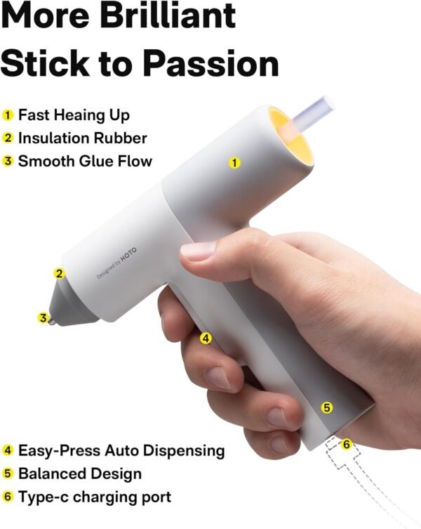 HOTO Glue Gun, Easyflow Hot Glue Gun with 40 Glue Sticks, Auto Dispensing, Fast Preheating Mini Hot Glue Gun without Charging Cable, Cordless and Rechargeable, Kids DIY School Craft Quick Home Repairs