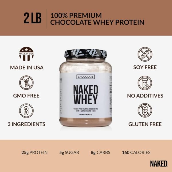 Naked Whey Chocolate Protein Powder - Only 3 Ingredients - Grass Fed Whey Protein Powder, Organic Chocolate and Organic Coconut Sugar, No GMO, No Soy, and Gluten Free - 24 Servings - Image 2