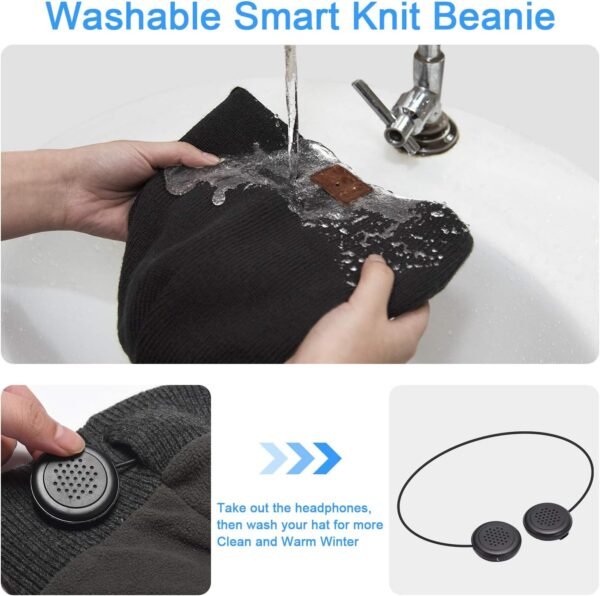 beanie MUSICBEE Bluetooth V5.2 Wireless Knit Winter Cap, 24 Hour Play time, Built-in Microphone and HD Stereo Speakers, Wool Lined for Outdoor Homes and Gifts - Neutral (Charcoal) - Image 4