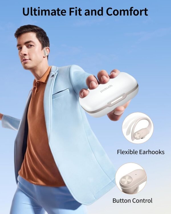 PocBuds Bluetooth Headphones Wireless Earbuds 80hrs Playtime Wireless Charging Case Digital Display Sport Ear buds with Earhook Deep Bass IPX7 Waterproof Over-Ear Earphones for Phone Laptop Pearl Gray - Image 6