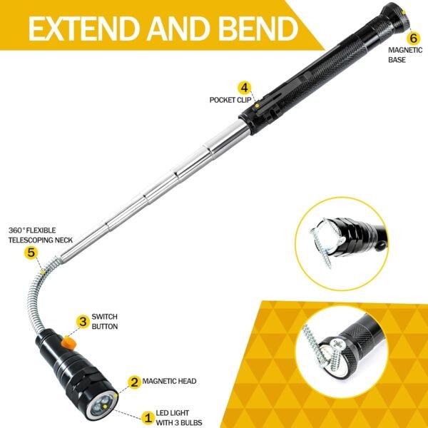 Magnetic Pickup Tool with LED Lights, Telescoping Magnet Flashlight, Cool Gadget Birthday Gifts Christmas Day Gifts for Men, Handyman, Husband, Boyfriend, Him, Father, Dad (1 Pack) - Image 3