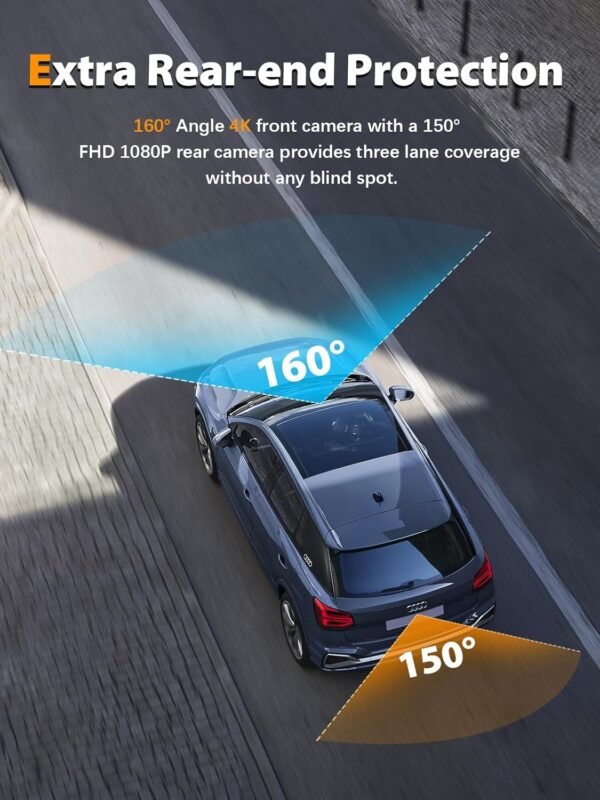 Dash Cam Front and Rear 4K+1080P, Free 64GB Card, Built-in WiFi, Dash Camera for Cars, Car Camera, Dual Dashcams for Cars with Night Vision, 24 Hours Parking Monitor, Loop Recording - Image 4