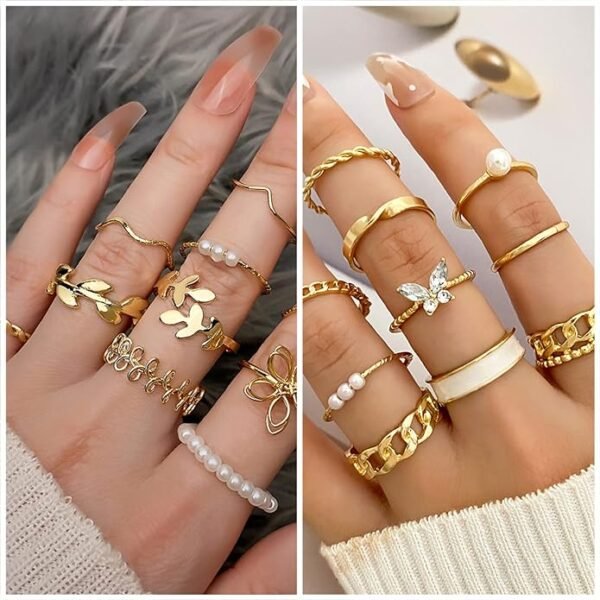 IFKM 36 PCS Gold Plated Jewelry Set with 4 PCS Necklace, 11 PCS Bracelet, 7 PCS Ear Cuffs Earring, 14 Pcs Knuckle Rings for Women Girls Valentine Anniversary Birthday Friendship Gift - Image 5