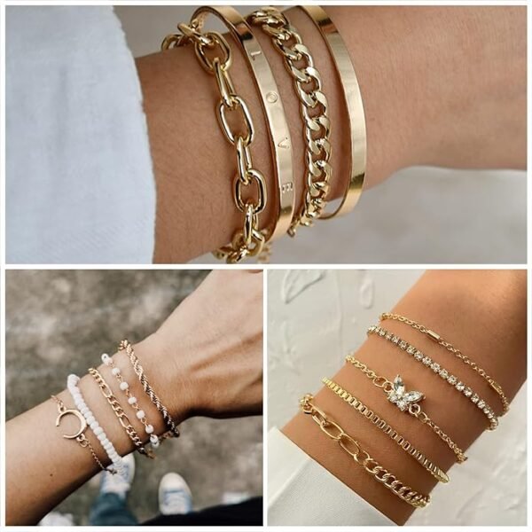 IFKM 36 PCS Gold Plated Jewelry Set with 4 PCS Necklace, 11 PCS Bracelet, 7 PCS Ear Cuffs Earring, 14 Pcs Knuckle Rings for Women Girls Valentine Anniversary Birthday Friendship Gift - Image 4