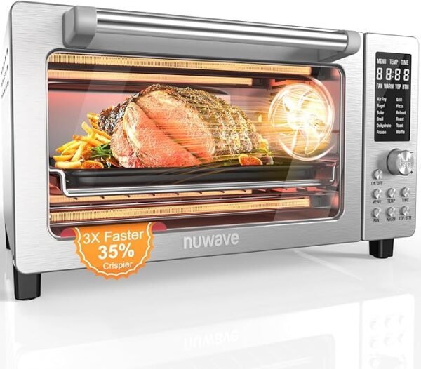 Nuwave Bravo Pro Smart 21QT Toaster Oven Air Fryer Combo, Convection Oven Countertop, 12 functions all in 1, with even & quick crisp technology, 50-450°F, 1800W, Stainless Steel