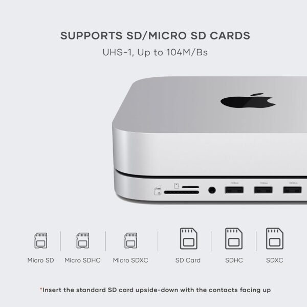 Satechi Mac Mini Hub & Stand with SSD Enclosure for NVME/SATA M.2, Mac Mini Dock with USB C 10Gbps, 3 USB A 5/10Gbps, 2.0 Audio Jack, for Mac Mini M2/M1, Mac Studio - Silver - Image 3
