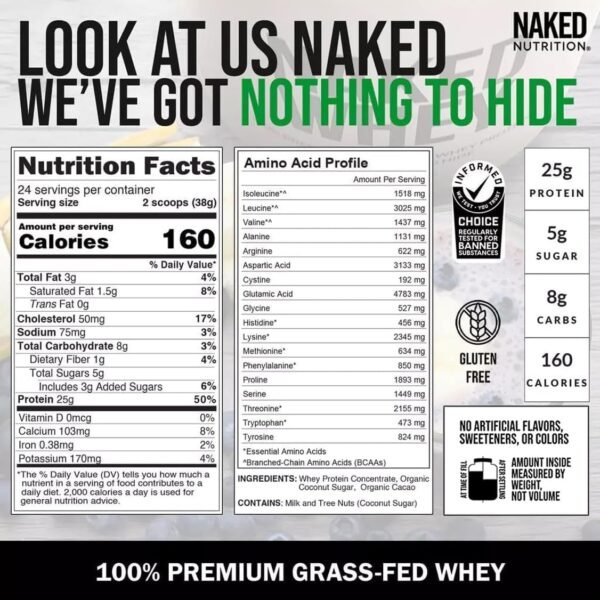 Naked Whey Chocolate Protein Powder - Only 3 Ingredients - Grass Fed Whey Protein Powder, Organic Chocolate and Organic Coconut Sugar, No GMO, No Soy, and Gluten Free - 24 Servings - Image 4