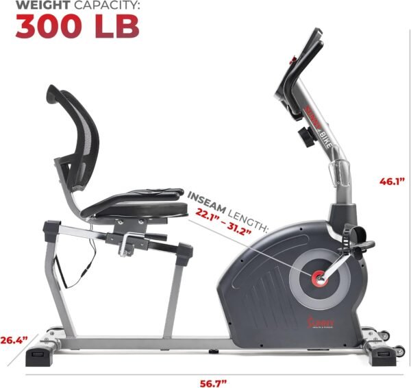 Sunny Health & Fitness Heavy-Duty Recumbent Smart Bike, Wide Cushioned Seat & Back, Cycling Workout Machine, Bicycle Exercise for Adult/Seniors at Home, Free Exclusive SunnyFit App Bluetooth Link - Image 5