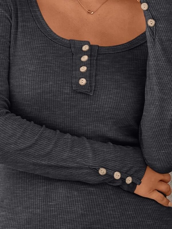 Kissfix Womens Long Sleeve Shirts Going Out Fall Clothes Casual Henley Tops Ribbed Knit Blouses Fashion Trendy Outfits - Image 2