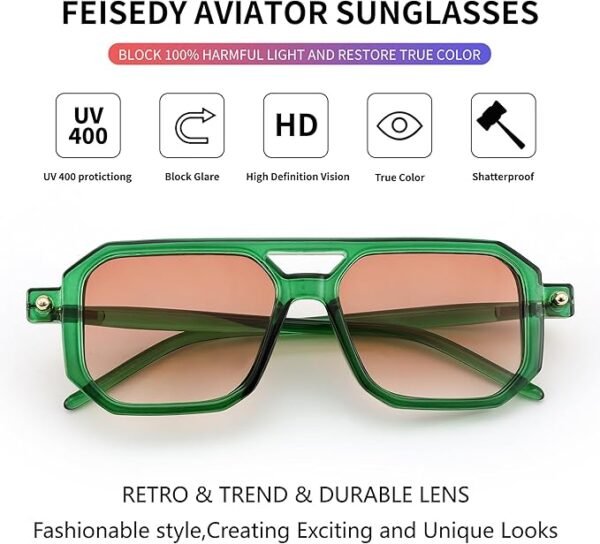 FEISEDY Vintage Square 70s Flat Aviator Sunglasses Women Men Classic Retro Stylish Frame UV400 Sunglasses B2622 - Image 6