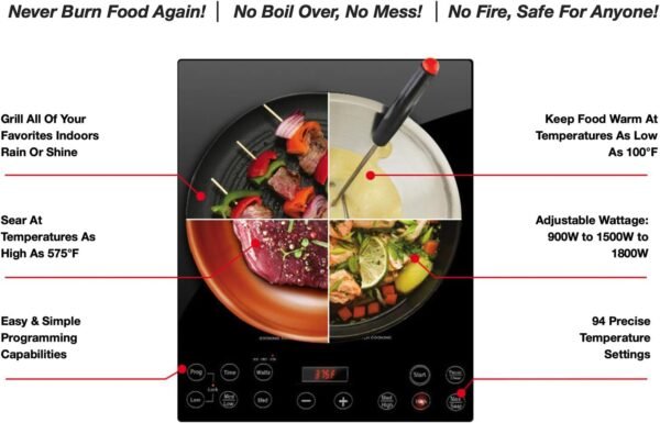 Nuwave Pro Chef Induction Cooktop, NSF-Certified, Commercial-Grade, Portable, Powerful 1800W, Large 8” Heating Coil, 94 Temp Settings 100°F - 575°F in 5°F, Shatter-Proof Ceramic Glass Surface - Image 4