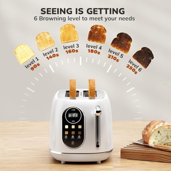 Keenstone Smart Touch Screen Toaster 2 Slice, Retro Wide Slot Stainless Steel Toaster with 6 Browning Levels, Reheat & Defrost, for Bagel, Toast, Bread, Removable Crumb Tray, White - Image 4