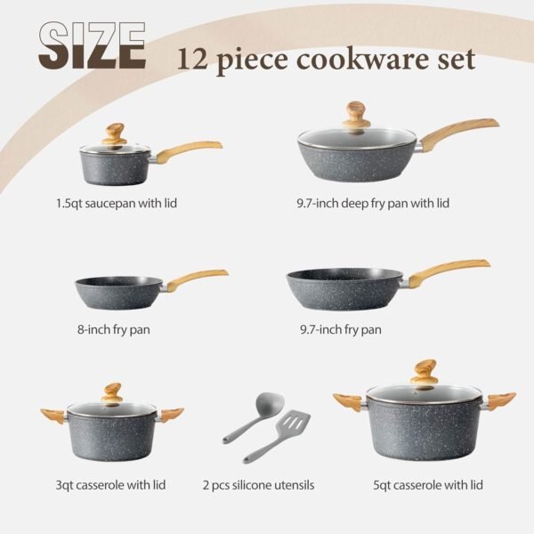 Kitchen Academy Induction Cookware Sets - 12 Piece Gray Cooking Pan Set, Granite Nonstick Pots and Pans Set - Image 3