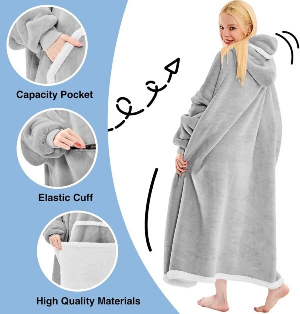 Wearable Blanket Hoodie Oversized Sherpa Fleece Hooded Sweatshirt Blanket with Eye Mask Cozy and Giant Blanket Hoodie with Sleeves Extra Long for Adults Men Women, Grey - Image 4