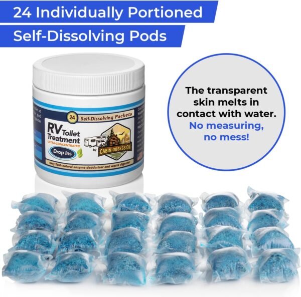 Cabin Obsession RV Toilet Treatment Drop Ins - 24 Easy Flush Self-Dissolving RV Black Tank Treatment Packets - Eliminate Odors and Break Down Waste Within Your RV Holding Tank - Image 4
