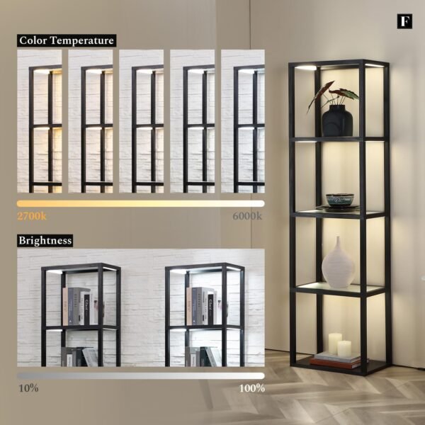 FENLO Fantasy Plus - Tall Display Shelf with Dimmable LED Floor Lamp, Sturdy Curio Cabinet with Glass Bookcase, Glass Display Shelves for Bedroom Decor, Open Bookshelf with Color Changing Temps - Image 3