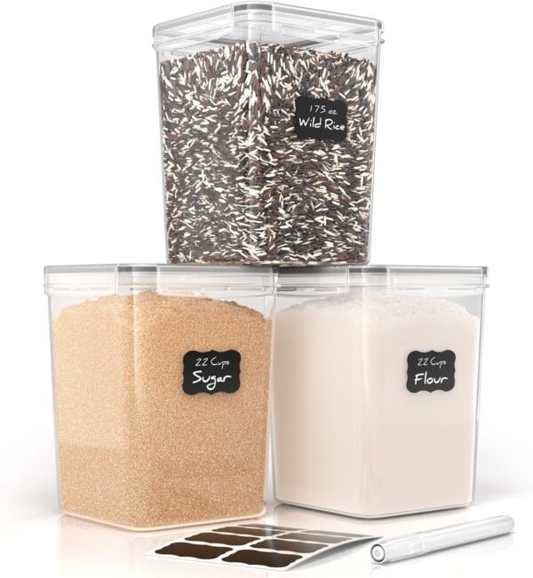 Airtight Food Storage Containers - Set of 3 Flour and Sugar Canisters for Pantry Storage and Organization - Marker & Labels Included