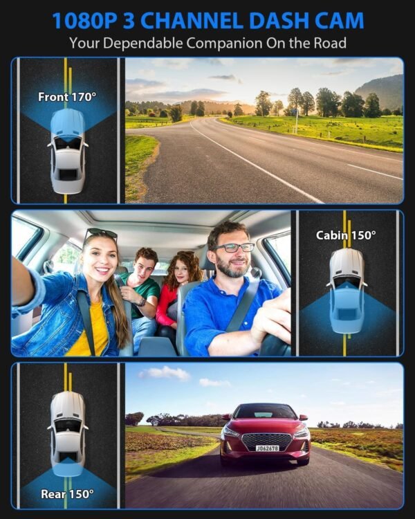 Dash Cam, 3 Channel Dash Cam, 1080P Dash Cam Front and Inside, Triple Dash Cam, Dash Camera with 32GB Card, HDR, G-Sensor, 24Hr Parking, Front Rear Dash Cam Loop Recording - Image 7