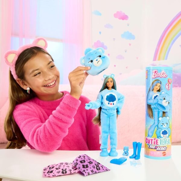 Barbie Cutie Reveal Doll & Accessories, Care Bears Series, Fashion Doll with Grumpy Bear Plush Costume & 10 Surprises Including Color Change & Mini Bear - Image 6
