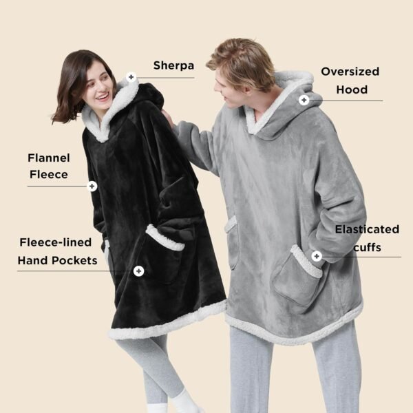 Bedsure Blanket Hoodie - Sherpa Wearable Blankets for Women & Kids as Gifts for Women Men, Christmas Gifts Sweatshirt Blanket, Grey, Oversize - Image 5