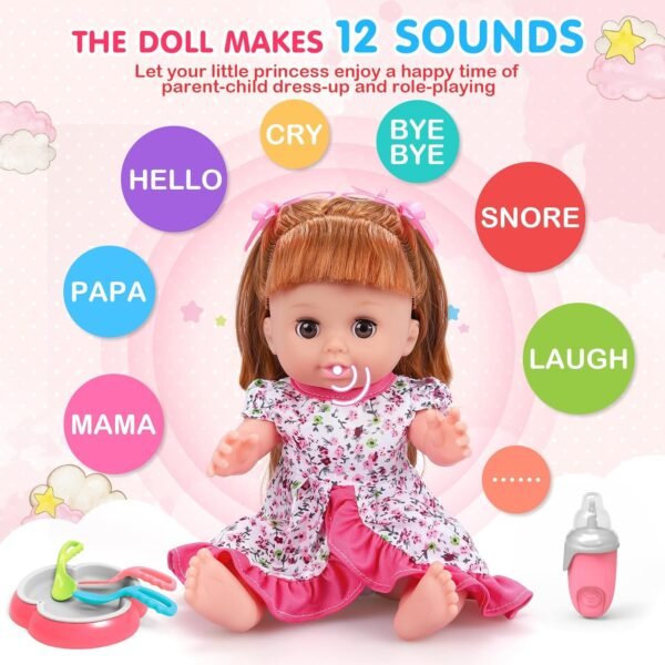Baby Doll Toys Set, 14" Doll Toys, 25Pcs Doll Care Toy Playset, Toddlers Toy Doll Set Incl Cradle Crib, High Chair, Milk Bottle, Pacifier, Diaper, Baby Toy Gift for Age 3 4 5 6+ Years Old Girls Boys - Image 7