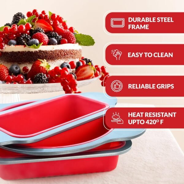 Boxiki Kitchen Silicone Baking Pans Set. 3 PCS Professional Silicone Non-Stick Baking Cake Pans Set includes Silicone Round Cake Pan, Square Cake Pan and Bread Loaf Pan. - Image 9