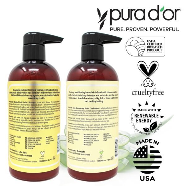 PURA D'OR Anti-Thinning Biotin Shampoo & Deep Moisturizing Conditioner Original Gold Label Set (16oz x2) Natural Earthy Scent, CLINICALLY TESTED Effective Results, DHT Blocker Thickening, Women & Men - Image 3