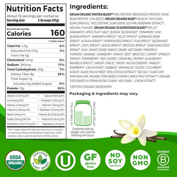 Orgain Organic Vegan Protein + 50 Superfoods Powder, Vanilla Bean - 21g Plant Based Protein, 8g Prebiotic Fiber, No Lactose Ingredients, Gluten Free, Non-GMO, 2.02 lb (Packaging May Vary) - Image 3