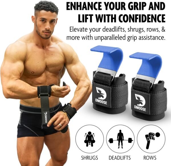 DMoose Fitness Weight Lifting Hooks for Men & Women (Pair) - 8 mm Thick Wrist Padding - Weight Lifting Grips for Powerlifting, Shrugs, Rows & Deadlift Support - Gym Lifting Straps with Pull Up Hooks - Image 6