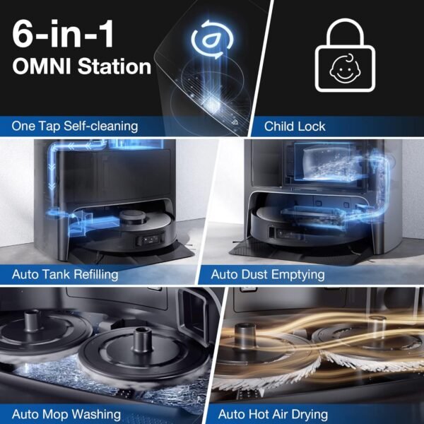ECOVACS DEEBOT X1 Omni Robot Vacuum and Mop Combo with Self-Emptying, Auto-Wash, Auto-Refill and Auto-Hot Air Drying, 5000Pa Suction, AIVI 3D Obstacle Avoidance, Built-in YIKO Voice Assistant, Black - Image 7