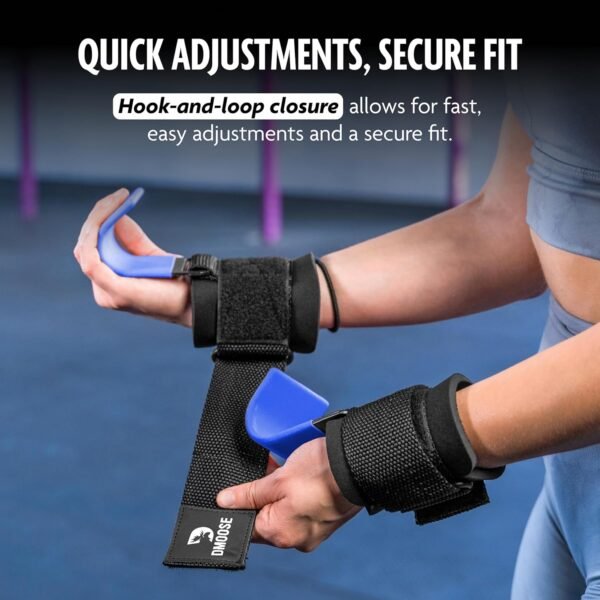 DMoose Fitness Weight Lifting Hooks for Men & Women (Pair) - 8 mm Thick Wrist Padding - Weight Lifting Grips for Powerlifting, Shrugs, Rows & Deadlift Support - Gym Lifting Straps with Pull Up Hooks - Image 5
