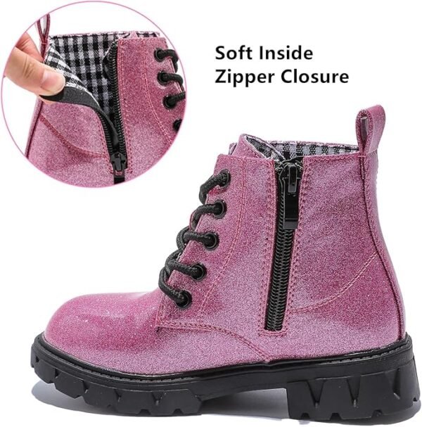 DADAWEN Boys Girls Glitter Ankle Boots Kids Lace Up Waterproof Combat Shoes With Side Zipper for Toddler/Little Kid/Big Kid - Image 2
