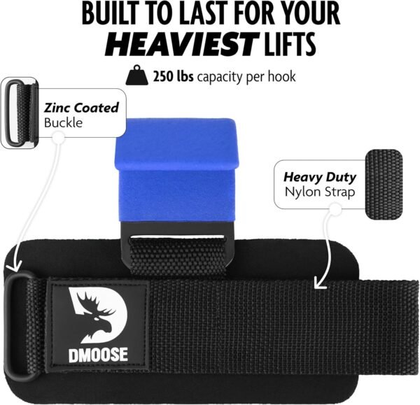 DMoose Fitness Weight Lifting Hooks for Men & Women (Pair) - 8 mm Thick Wrist Padding - Weight Lifting Grips for Powerlifting, Shrugs, Rows & Deadlift Support - Gym Lifting Straps with Pull Up Hooks - Image 4