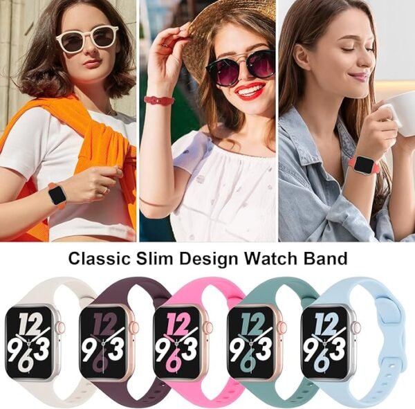 5 Pack Silicone Slim Bands Compatible with Apple Watch Band 38mm 42mm 40mm 44mm 41mm 45mm 46mm 49mm, Soft Narrow Sport Strap Thin Wristband for iWatch Series 10/9/8/7/SE/6/5/4/3/2/1/Ultra Women Men - Image 6