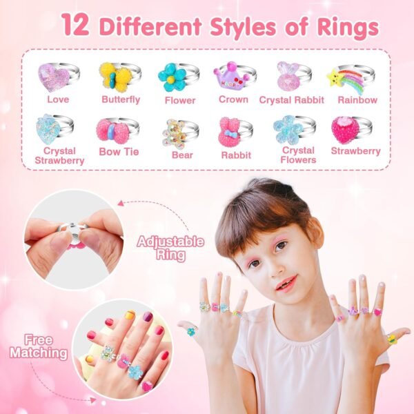 Jewelry Toys for Girls, 172Pcs Jewel Rings, Necklaces, Bracelets, Hair Ties, Hair Clips, Princess Dress Up Toys Pretend Play Jewelry Set, Gift Toys for Age 3 4 5 6 7 8 9+ Girls Kids Toddlers - Image 6